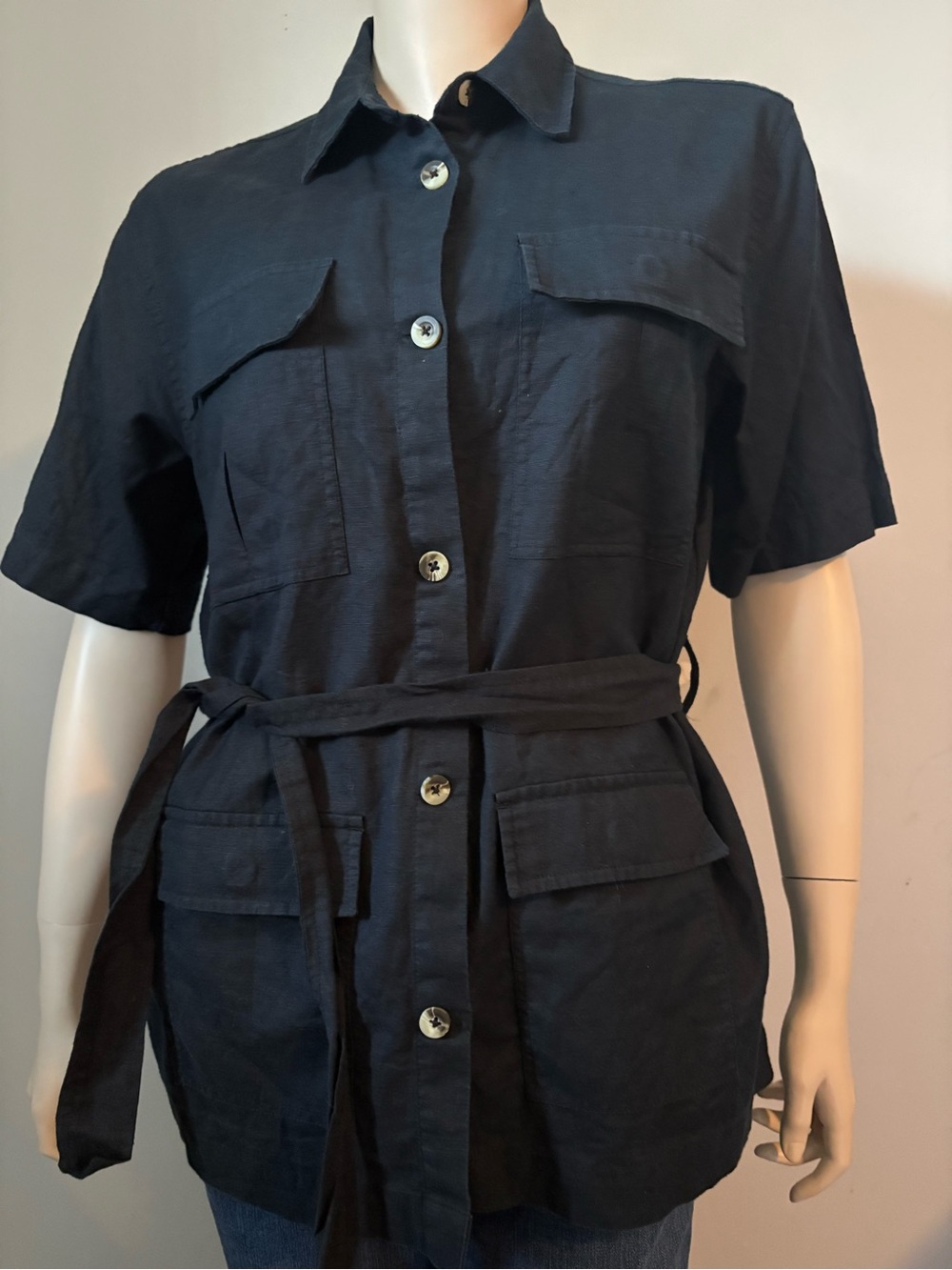 OAK + FORT Black Short-Sleeve linen/cotton, Utility Shirt with Waist Tie Sz M.